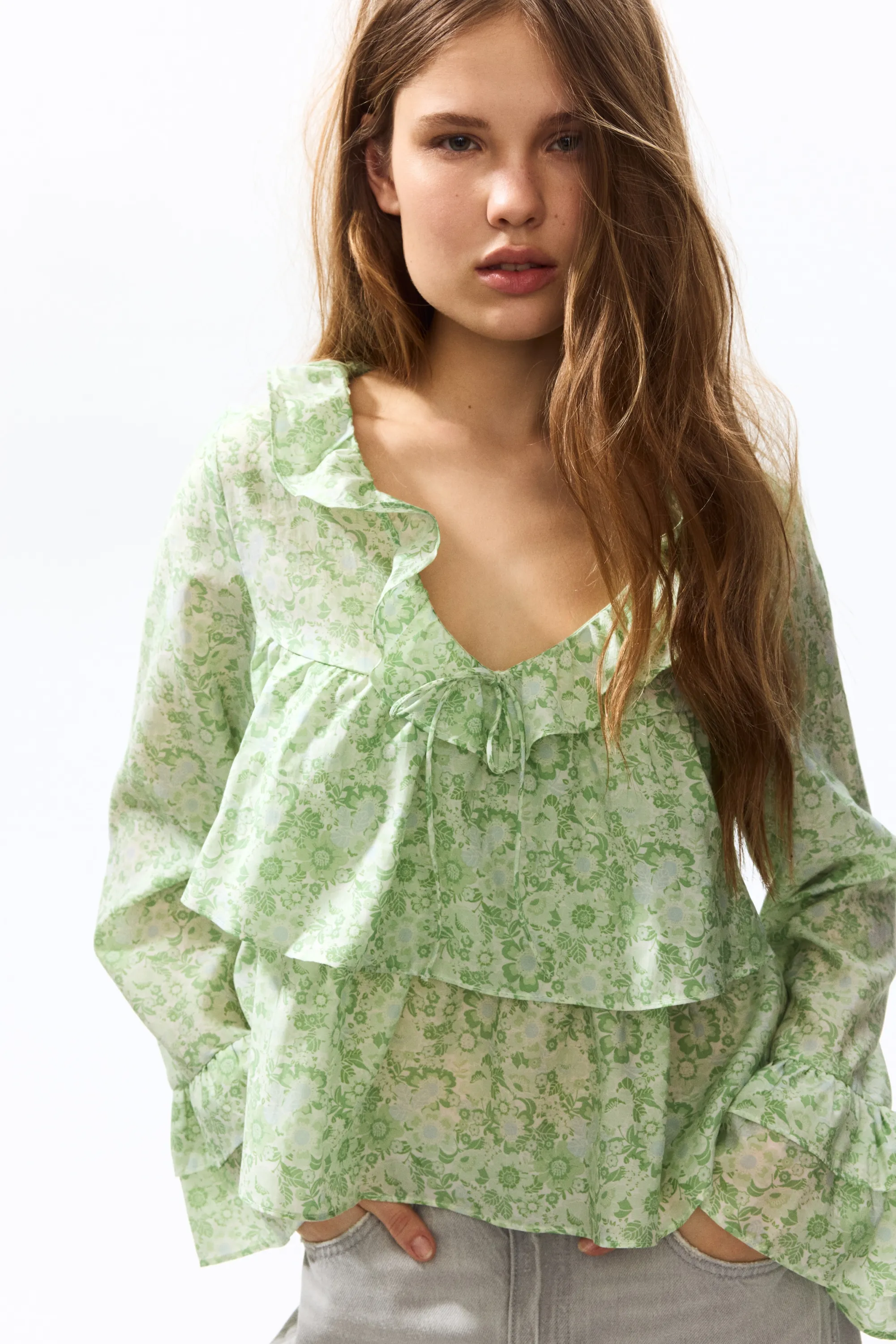 Blouse volantée - Vert clair/fleuri