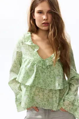 Blouse volantée - Vert clair/fleuri — photo 1