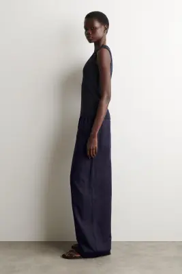 PANTALON LARGE TAILLE AJUSTABLE EN LIN - BLEU MARINE — photo 2