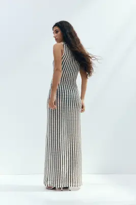 Robe midi en maille ajourée - Noir/rayé — photo 2