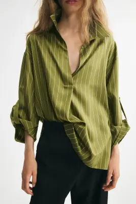 Chemise popover oversize - Vert olive/rayé — photo 3