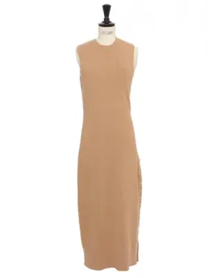 Robe longue en laine mérinos camel à perles crème Prix boutique 1200€ Taille XS à S — photo 1