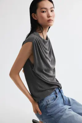 Top à effet drapé en maille - Gris foncé chiné — photo 3