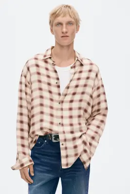 Slim Fit Cupro shirt - Crème/carreaux — photo 2