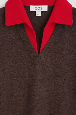 POLO SUPERPOSÉ EN LAINE MÉRINOS - MARRON / ROUGE — photo 4