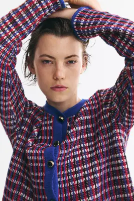 Gilet en maille texturée - Bleu/carreaux rouges — photo 2