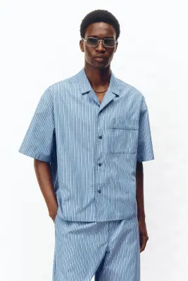 Chemise Relaxed Fit en coton pima avec col cubain - Bleu/rayé — photo 2