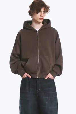 Sweat à capuche zippé ample - Marron foncé — photo 1