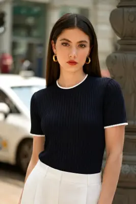 Noel Silk Top - Navy with white — photo 1