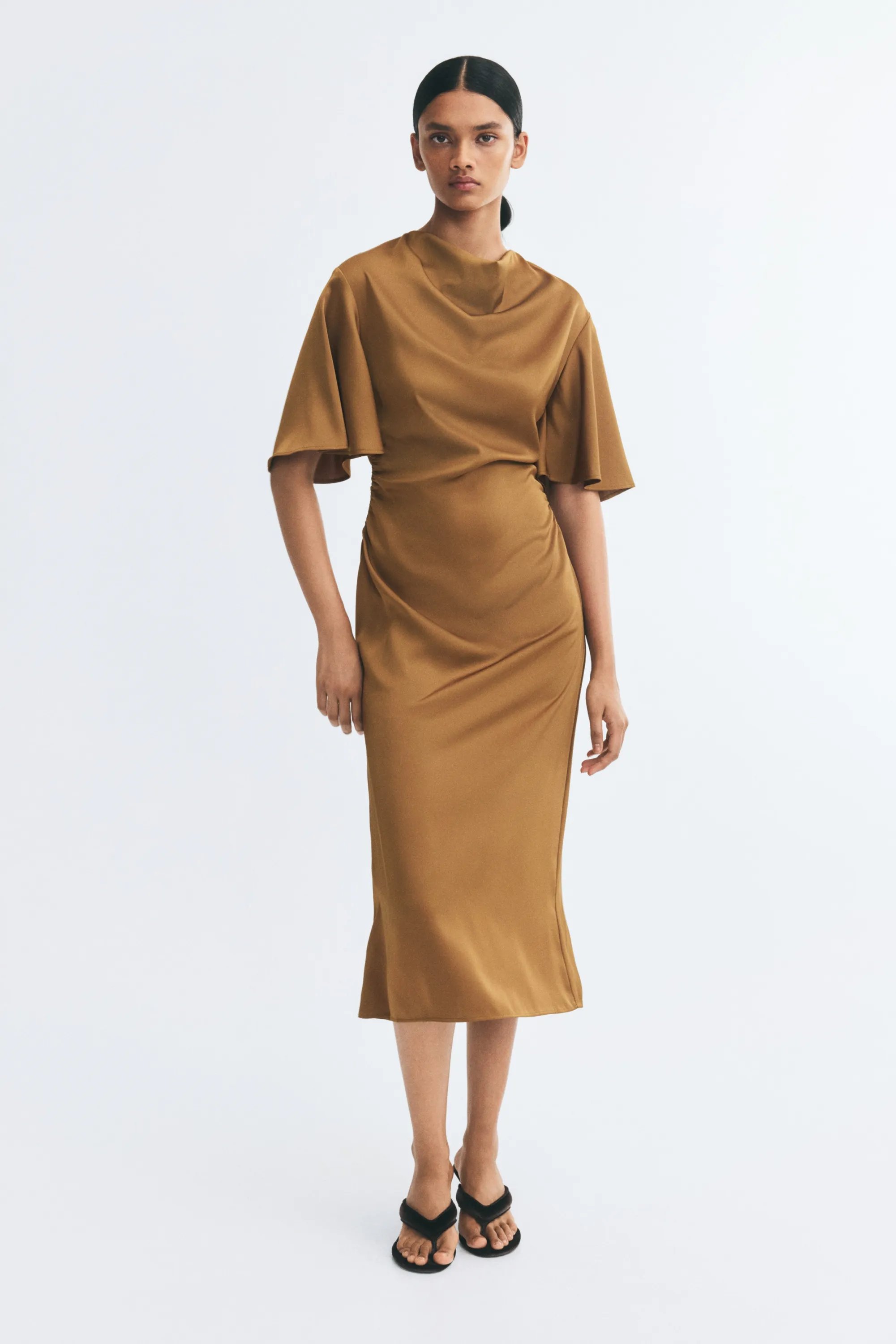 Robe en satin à effet drapé - Vert kaki foncé