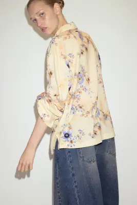 Chemise oversize en lin mélangé - Jaune clair/fleuri — photo 2