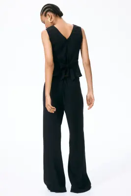 Pantalon à cordon en lin mélangé - Noir — photo 2