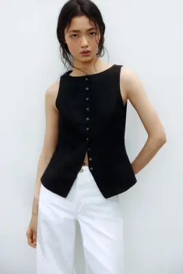 Gilet sans manches en lin mélangé - Noir — photo 1