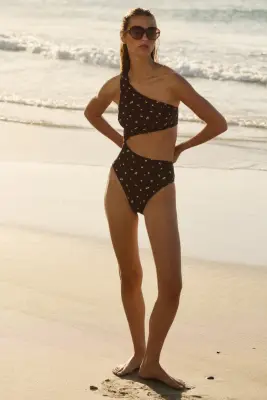 Maillot de bain asymétrique paddé - Marron foncé/fleuri — photo 2