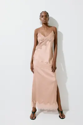 Jupe en satin avec dentelle - Beige — photo 2