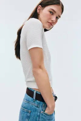 T-shirt en maille fine - Blanc/rayures gris clair — photo 3