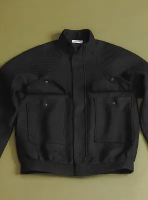 Bomber Jacket with Origami Collar in Black 100% Italian Wool — photo 3