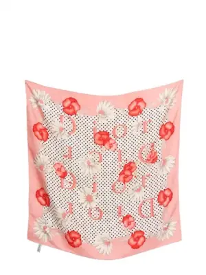 Foulard carré de 100% soie pois noir marguerite blanche et pensées rose Prix boutique 390€ 68 x 68cm — photo 1
