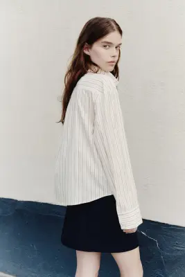 Chemise oversize à col droit - Blanc/rayé — photo 4