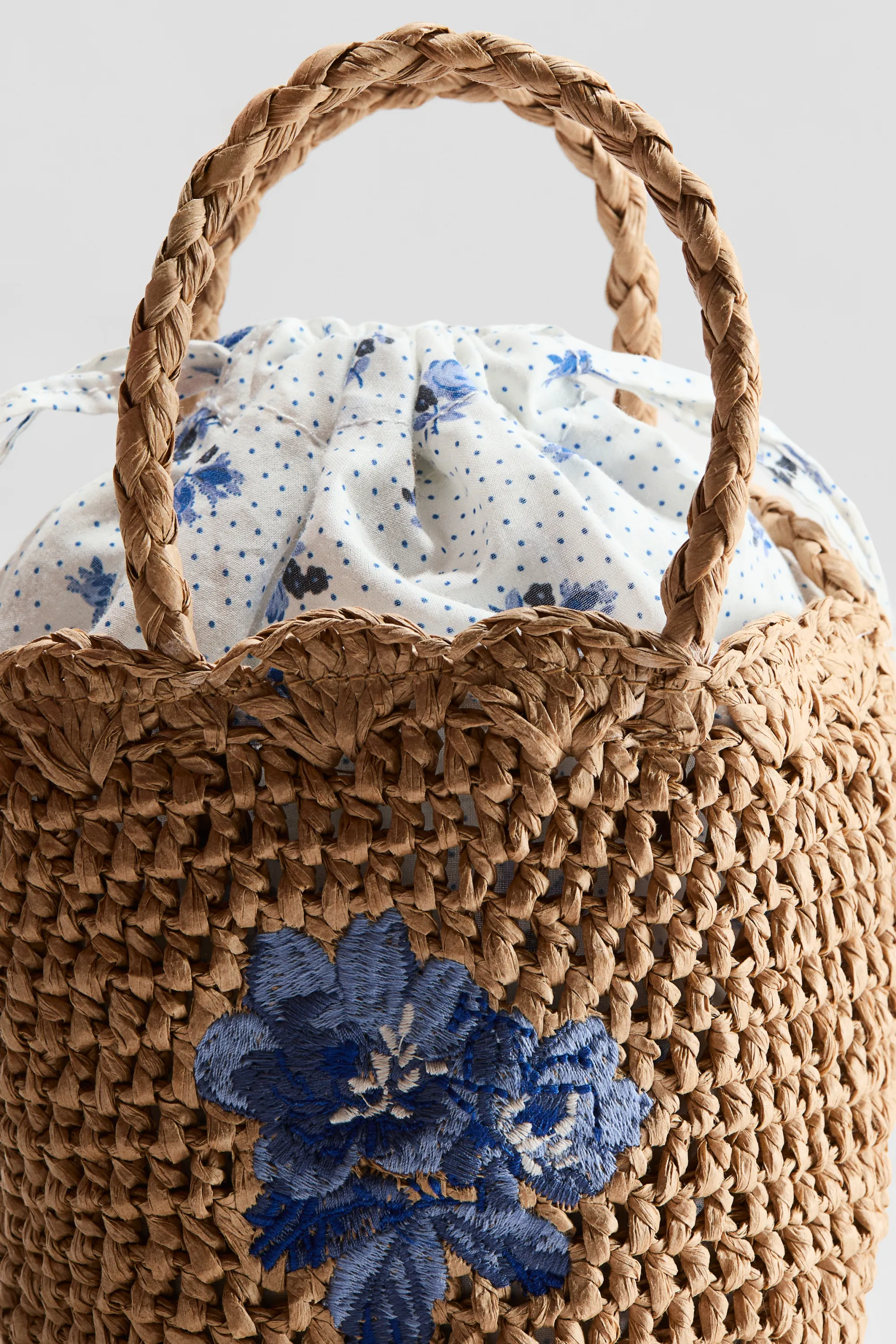 Sac seau en paille avec détail brodé - Beige foncé/fleuri
