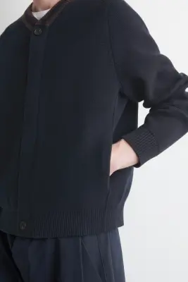 CARDIGAN ZIPPÉ EN MÉLANGE DE COTON À COL RAYÉ - MARINE / BRUN — photo 3