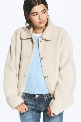 Veste carrée boutonnée en laine mélangée - Crème poudré — photo 1