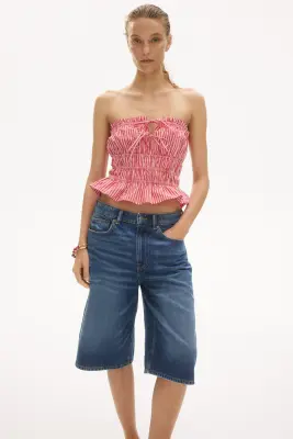 Top bandeau en coton avec cordon de serrage - Rouge/rayures blanches — photo 1