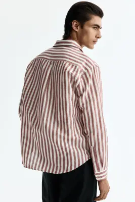 Chemise Relaxed Fit en lin mélangé - Rouge rouille/rayé — photo 3
