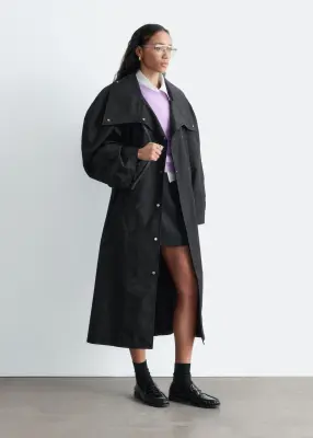 Manteau ceinturé à épaules larges - Noir — photo 4