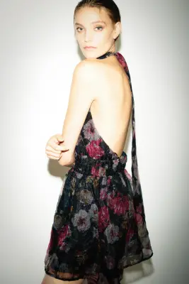 Robe dos nu avec jupe évasée - Noir/fleuri — photo 2