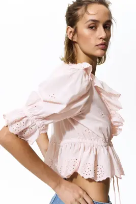 Blouse en coton avec broderie anglaise - Rose poudré — photo 3