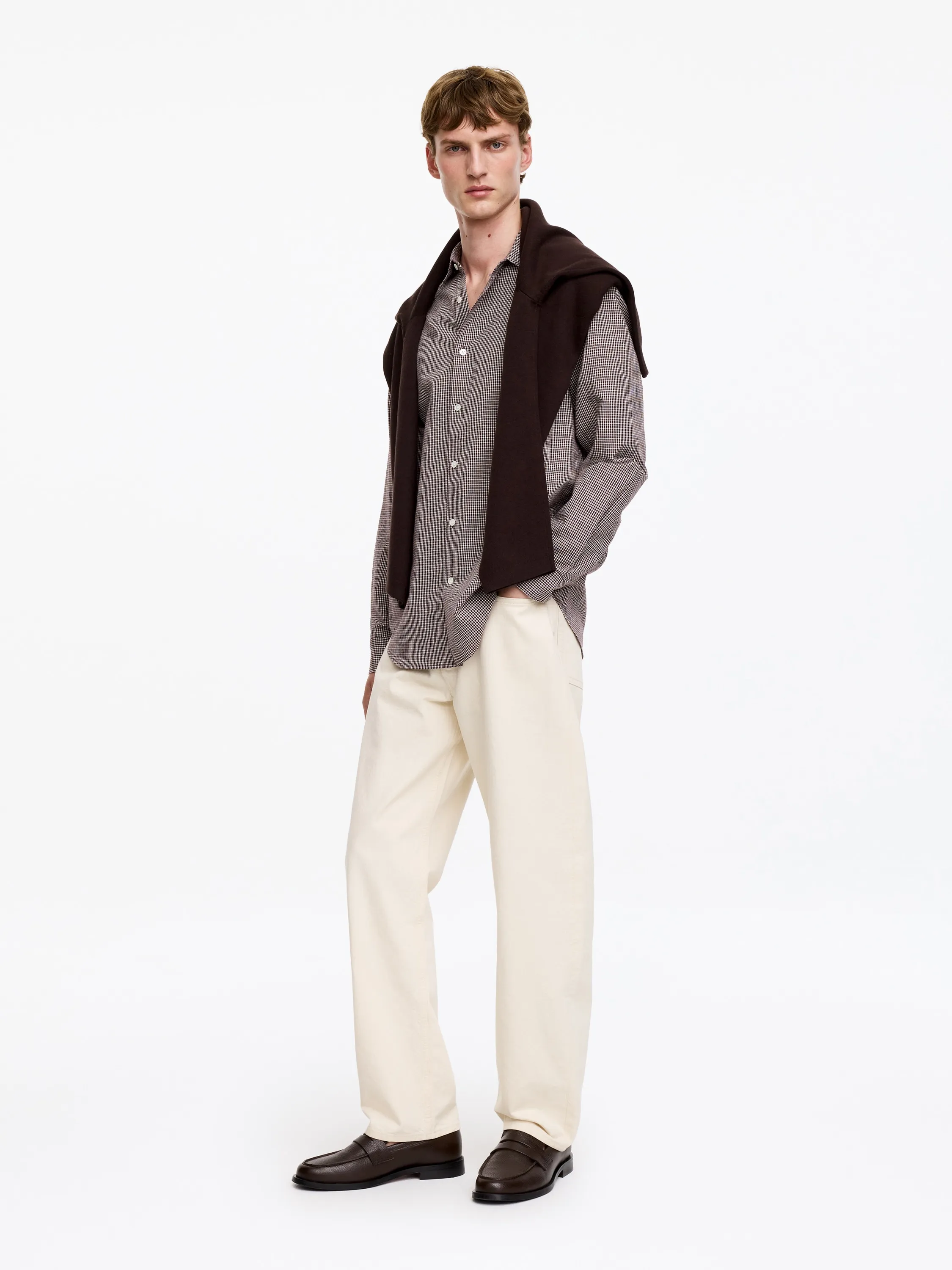 Chemise classique en coton et lin - Marron/Carreaux