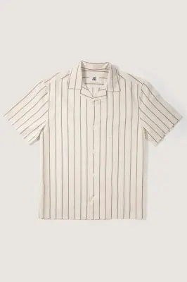 La chemise manches courtes coton lin - Beige rayures marron — photo 1