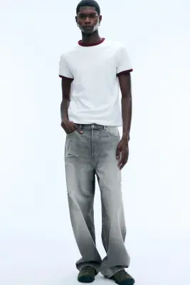 T-shirt en coton avec bordures contrastées et manches courtes - Blanc - Liseré Rouge — photo 1