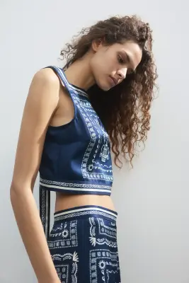 Crop top imprimé - Bleu foncé/fleur — photo 1