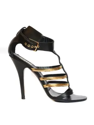 Sandales à talon en cuir noir et bride métallique dorées Px boutique 650€ Taille 37 — photo 3