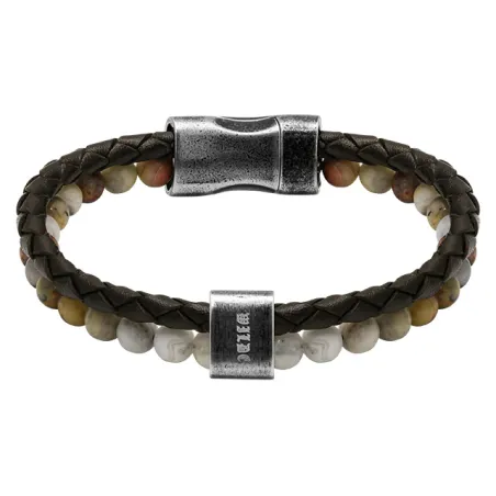 ROCHET - Bracelet KARMA Cuir Marron et perles fermoir Acier vintage 13mm x 21,5cm HB562209