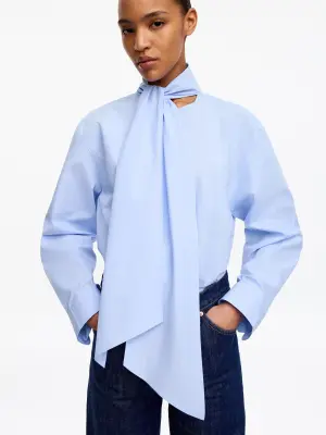 Blouse avec foulard en coton pima - Bleu ciel — photo 3