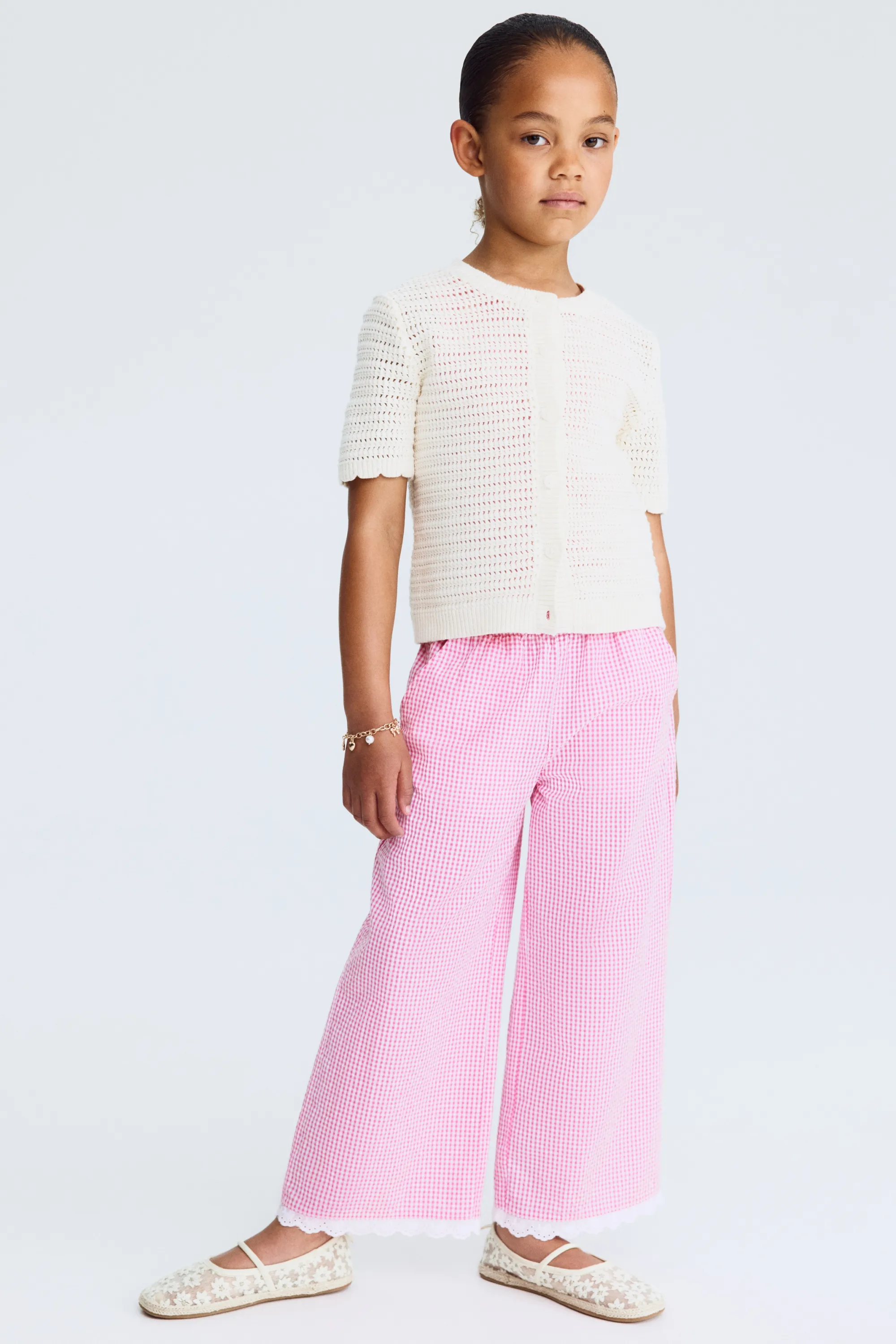 Pantalon en seersucker avec dentelle - Rose/vichy