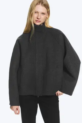 Veste en laine mélangée à col montant - Gris foncé chiné — photo 3