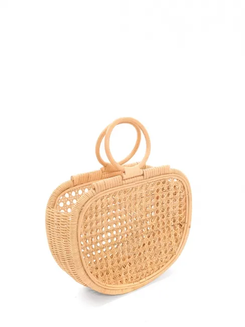 Sac panier en rotin tressé style seventies beige camel et poignées rondes