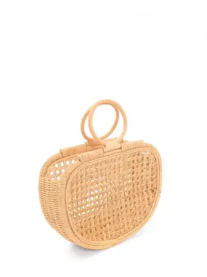 Sac panier en rotin tressé style seventies beige camel et poignées rondes — photo 1