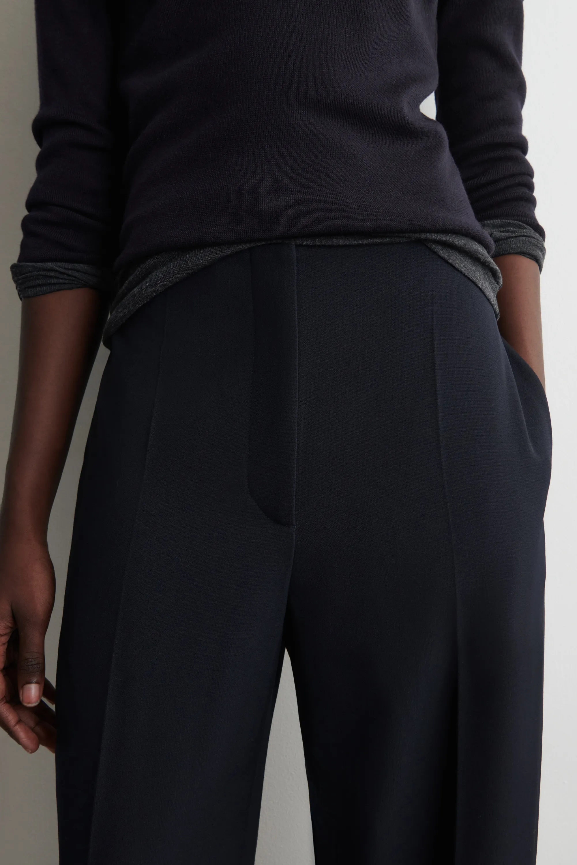 PANTALON BARREL EN LAINE MÉLANGÉE - BLEU MARINE