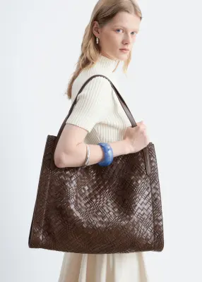 Sac cabas ouvert en cuir tressé - Marron foncé — photo 1