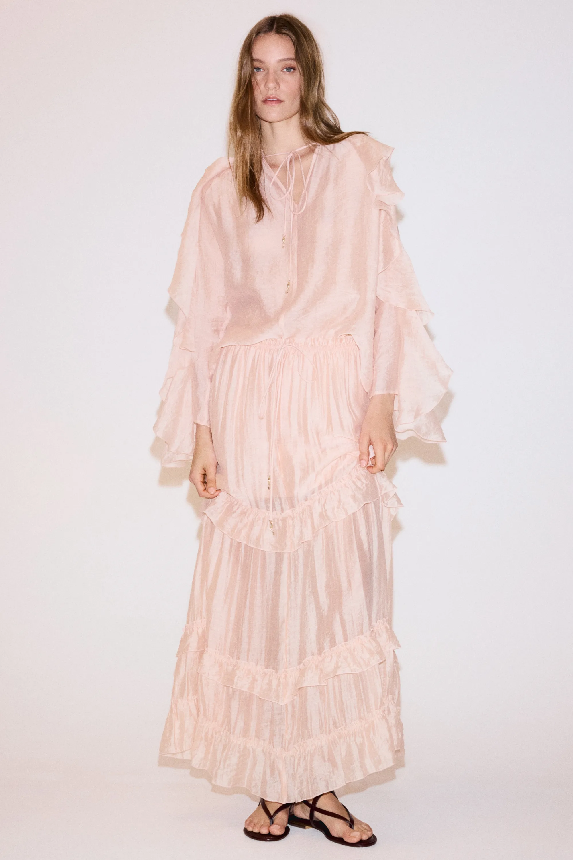 Jupe maxi à étages - Rose pêche clair