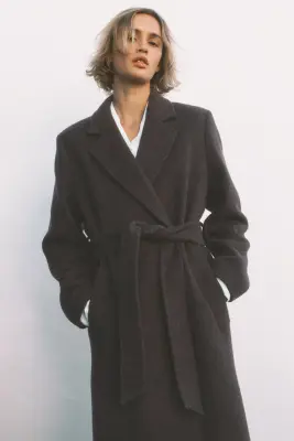 Manteau en laine mélangée avec ceinture à nouer - Marron foncé — photo 2