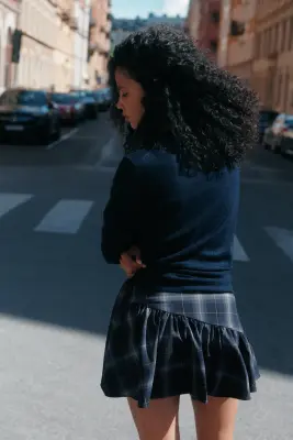 Mini jupe-short croisée - Bleu marine/carreaux — photo 1
