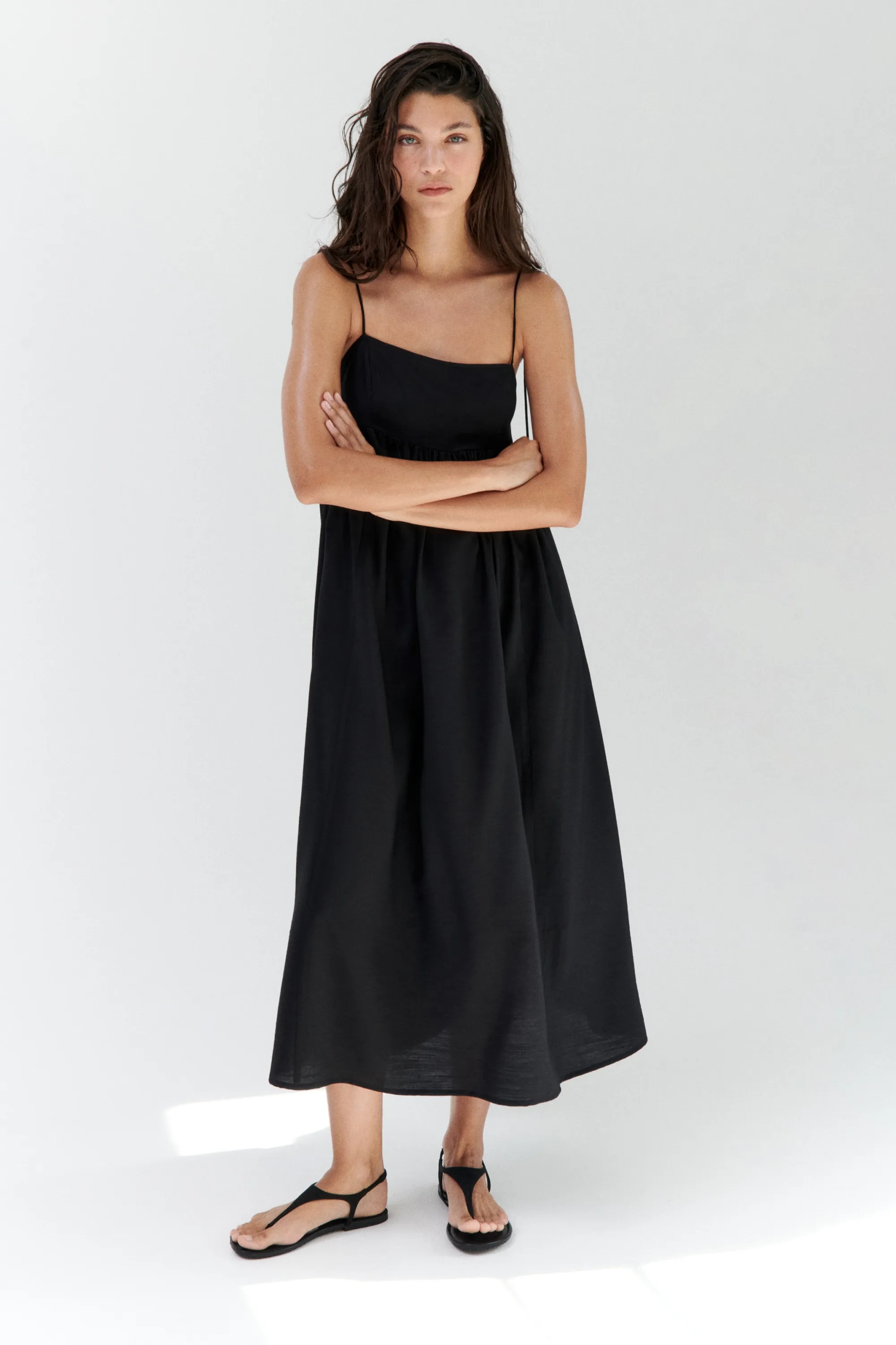 Robe midi avec bretelles à nouer - Noir