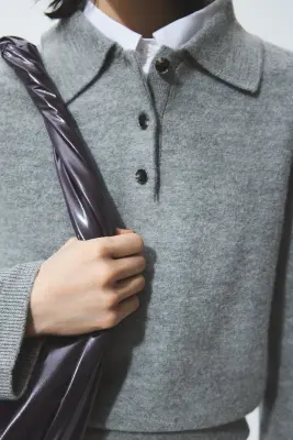 Pull façon polo en laine - Gris chiné — photo 2