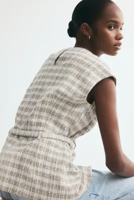 Top en maille bouclette avec ceinture - Bleu ancien clair/carreaux — photo 3